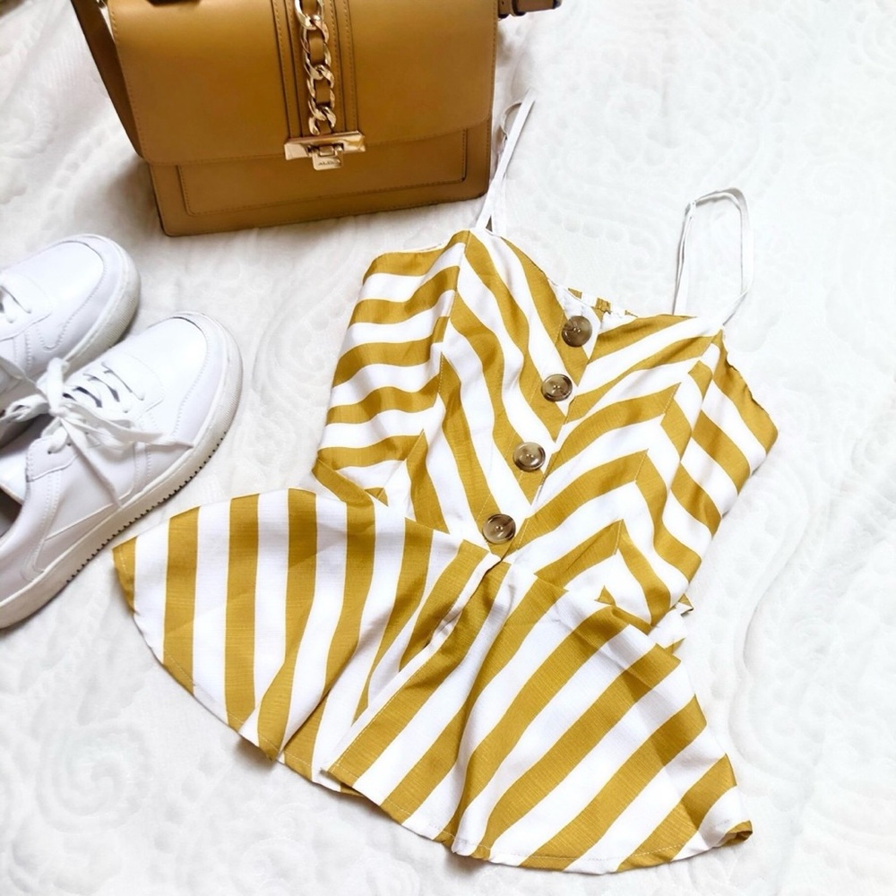 Yellow and White Striped Peplum Camisole with Buttons size Medium